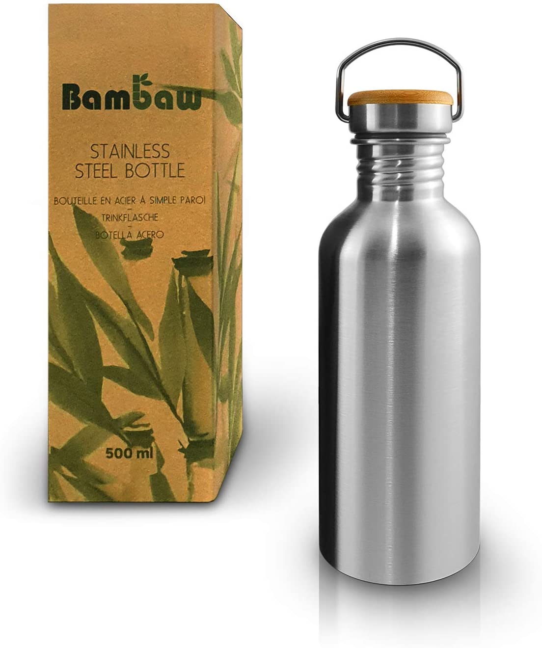 Bambaw Stainless Steel Water Bottle 500 ml, Natural Steel