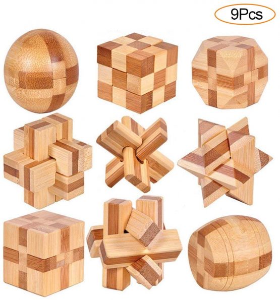 YGZN 9pcs Wooden Blocks Brain Teaser Puzzles Set 3D Interlocking Wood Jigsaw Games - IQ Challenge Toy Mind Game Gift Set for Kids and Teens (Wooden Puzzles 9Set)