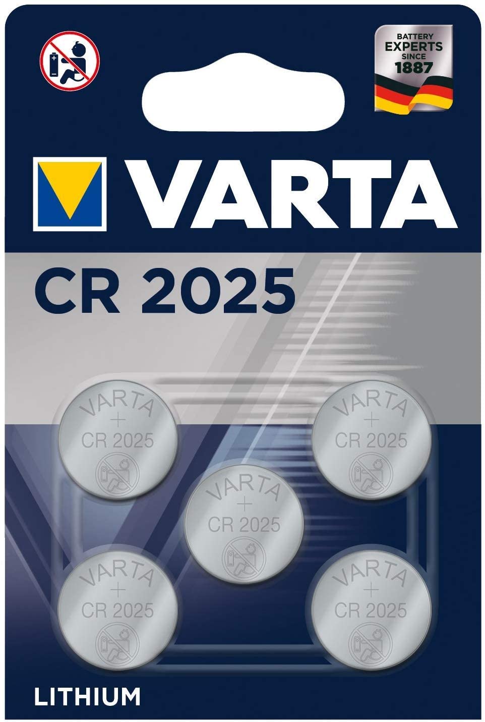 VARTA Batteries Electronics CR2025 Lithium button cell 3V battery 5-pack, Button cells in original blister pack of 5