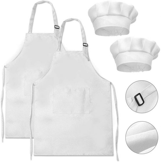 DECARETA Kids Apron and Chef Hat Set,2 Kids Chefs Apron with Pockets and 2 White Kids Chef Hat,Polyester Adjustable Children Chef Apron,Hat Cooking,Baking Painting Wear for Boys and Girls (4-12year)