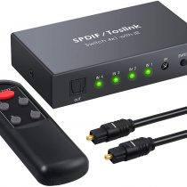 LiNKFOR Digital Optical Audio Switcher 4x1 SPDIF Toslink Switch Box 4 Ports Optical Switch with IR Remote Control Supports PCM2.0 DTS Dolby-AC3 Compatible with PS3 PS4 Blu-Ray Player HDTV