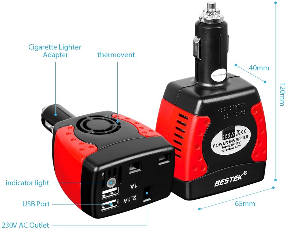 BESTEK 150W Power Inverter Car Laptop Charger DC 12V to AC 230V 240V Converter Adapter with 3-Pin Plug and Dual USB Ports - Image 2