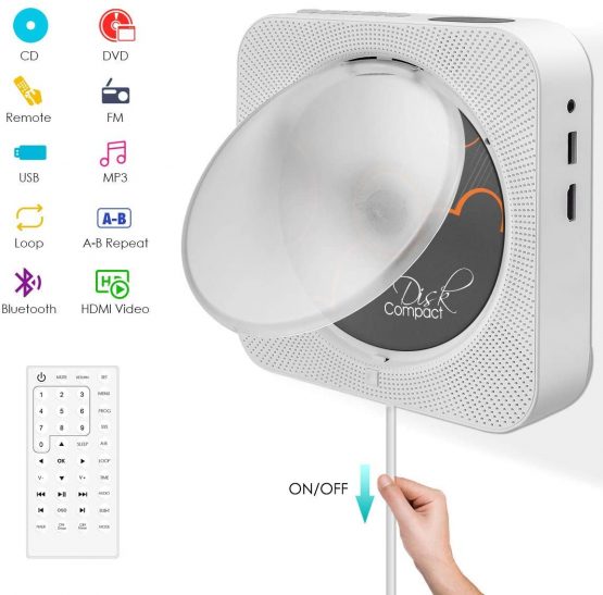 Portable CD/DVD Player with Bluetooth,Wall Mountable Built-in HiFi Speakers, Home Audio Boombox with Remote Control FM Radio USB MP3 3.5mm Headphone Jack AUX Input/Output