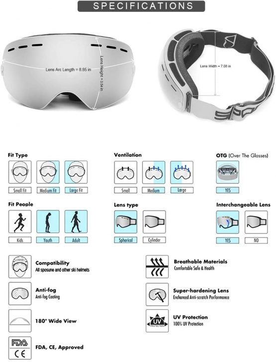 SPOSUNE Ski Goggles Skiing Goggles Over Glasses with Anti-Fog Spherical Dual Interchangable Lens,100% UV400 Protection Snow Snowboard Goggles for Men Women Youth,Helmet Compatible,Anti Glare,Impact Resistant,Windproof - Image 3
