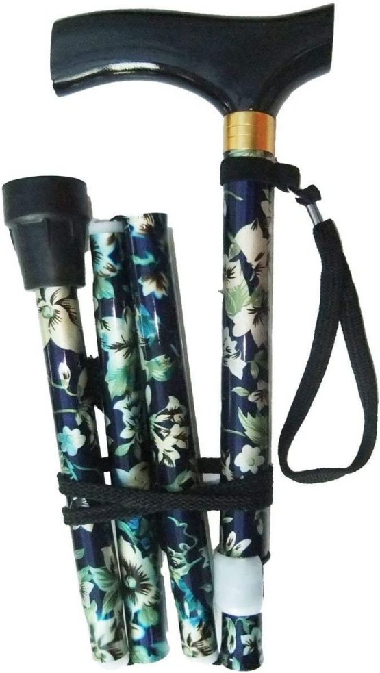 Amazing Health Flower Folding Walking Stick Height Adjustable with Wood handle, wrist strap and Extra Free rubber ferrule
