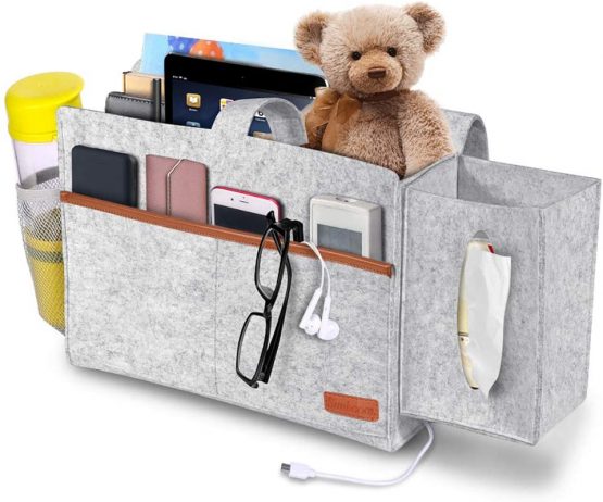 Simboom Bedside Pocket Felt Hanging Storage Bag with Tissue Box and Water Bottle Holder, Dorm Bedroom Bed Sofa Organizer for Phone, Tablet, Remote, Magazines - Light Grey