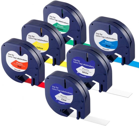 6X LetraTag Label Plastic Label Tape for Dymo, 12 mm x 4 m Roll, Black on Transparent/White/Yellow/Red/Blue/Green, Replacement Dymo Clear Label Tape