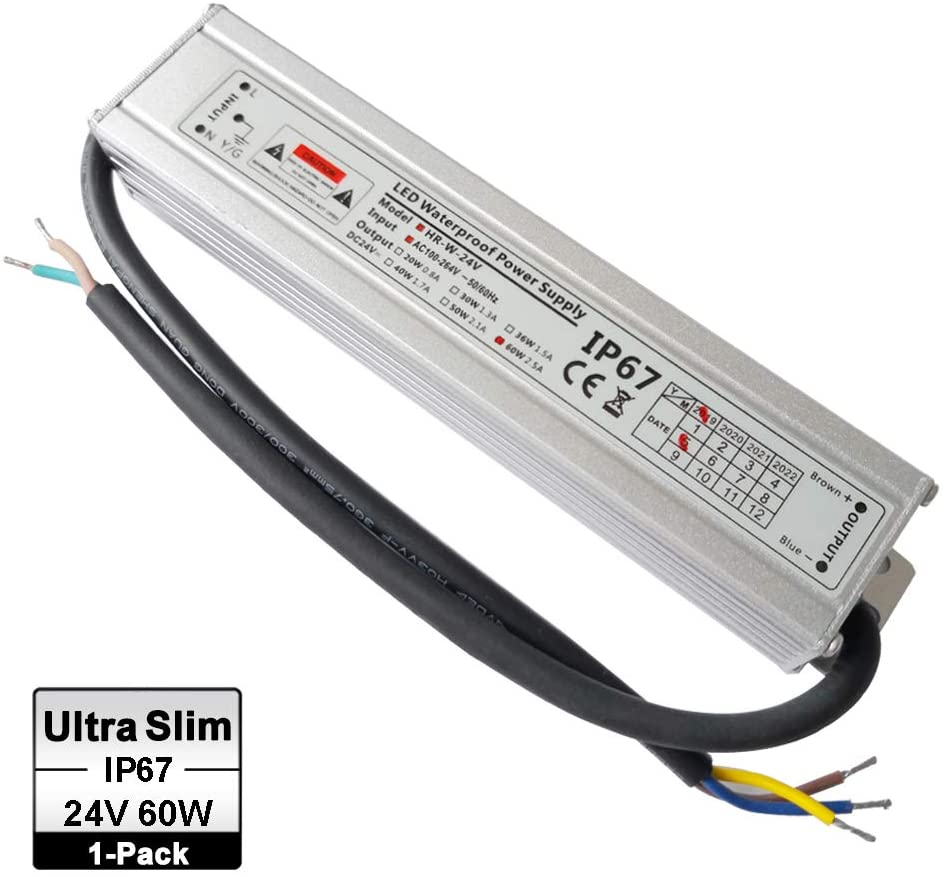 VARICART Outdoor Waterproof 24V LED Driver 60W 2.5A, Ultra Slim Constant Voltage Transformer Adapter