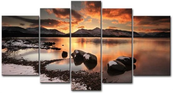 Canvas Print Wall Art Picture For Home Decor Mountain Lake Winter Evening Rock Ice Beach Snow 5 Pieces Panel Pictures Stretched And Framed Artwork Oil The Decoration Landscape Photo Prints