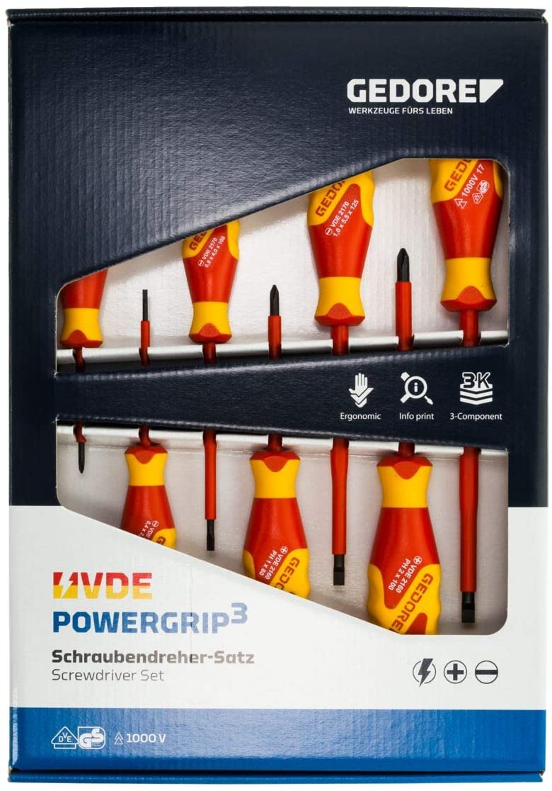 Gedore VDE2170-2160 PH-077/1616048 VDE Power Grip Screwdriver Set, Red and Yellow, 4 VDE-Schlitz- / 3 VDE-Kreuzschlitzschraubendreher - Image 4