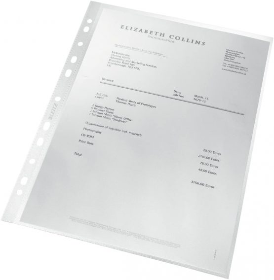 Leitz A4 Pockets, Pack of 25, Punched Plastic Sleeves, Embossed Mat Surface, 100 Micron Thick, 100 Percent recyclable, Carbon Neutral, Eco Friendly, Recycle Range, 47913003, Clear