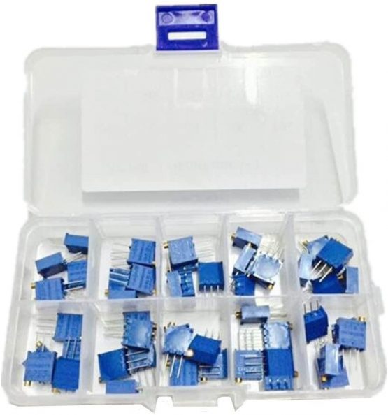 DollaTek 50PCS 10Value 500 ohm to 1M ohm 3296W Multiturn Trimmer Potentiometer Assorted Kit Variable Resistor with Plastci Box