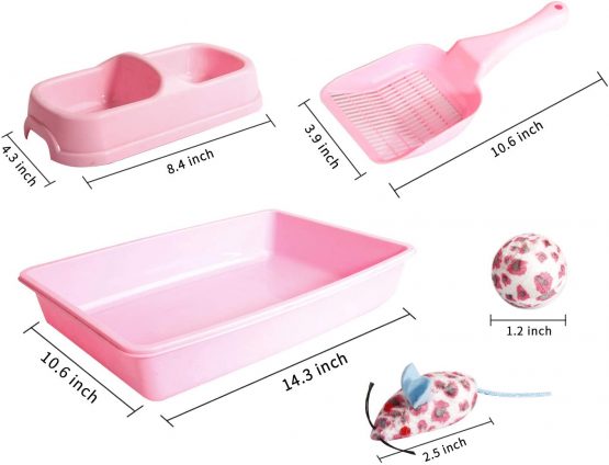 PAWISE Kitty Cat Starter Kit Includes 4 Pieces, Cat Litter Pan, Cat Litter Scooper, Cat Bowls, Cat Toy for Small Cats, 14.5x10.5 Inches, Pink - Image 2