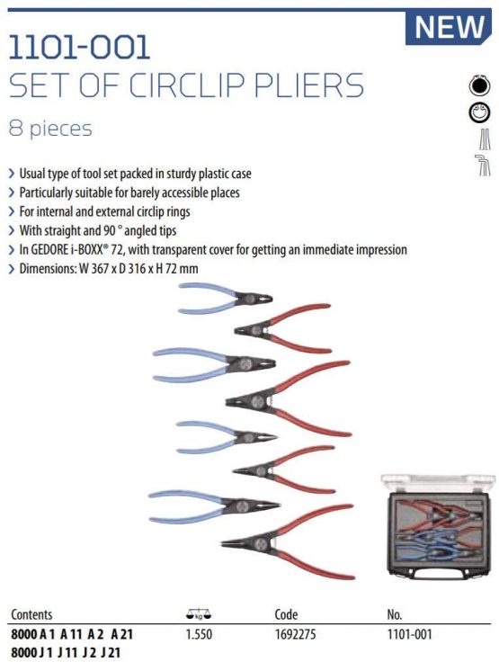 GEDORE Circlip pliers set, 8-pc., Tool set for inner and outer circlips, Straight and 90° angled, 1101-001 - Image 3
