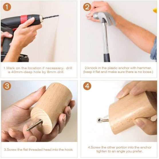 ANZOME Wooden Coat Hook, 4 Pieces Wood Wall Hook, Wooden Coat Peg Coat Hanger for Hanging Clothes, Hat, Scarves and Headphone in Bedroom, Living room, Hallway(Short Wood) - Image 4