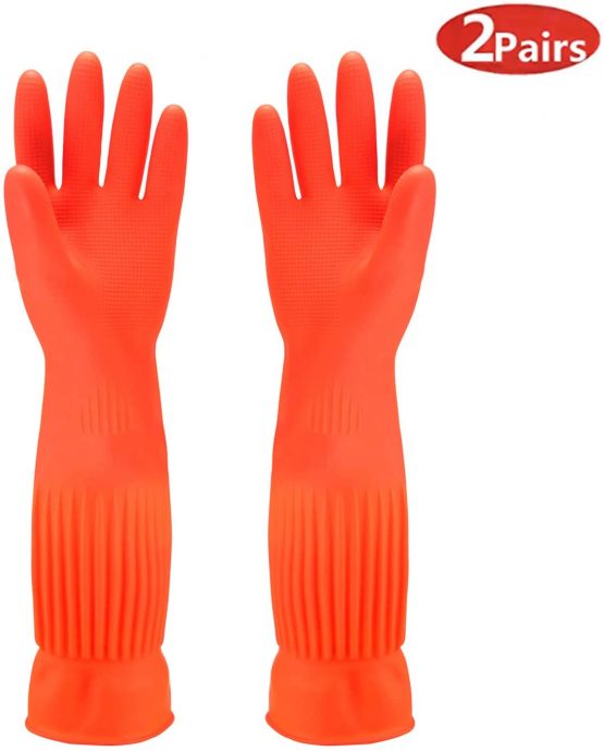 Discoball Rubber Cleaning Gloves Waterproof Kitchen Dishwashing Glove Reuseable 2-Pairs(Small,Orange)