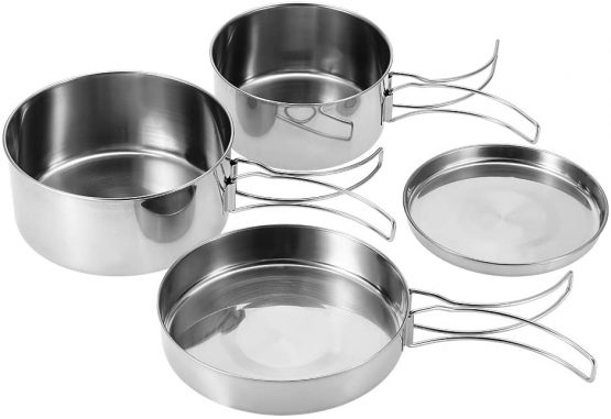 Dilwe Cookware Set Lightweight Handle Stainless Steel Pot Set Equipment 4 Pieces Cookset for Hiking Outdoors