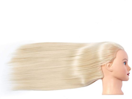 26"-28" Mannequin Head Hair Styling Training Head Manikin Cosmetology Doll Head Synthetic Fiber Hair Hairdressing training model with free clamp (White) - Image 4