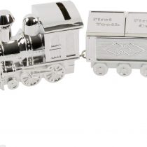 Silver Plated Train Money Box, Tooth & Curl Carriages- Baby Christening Gift