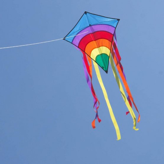 MIC CIM Kite - Rainbow Eddy – single line kite for children from the age of 3 years up - 65x74cm - incl. kite string and 8x105cm striped tails (Blue) - Image 3