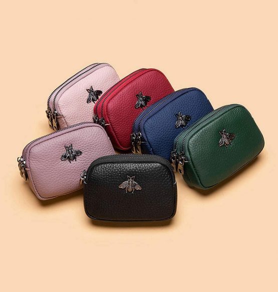 Women's Genuine Leather Coin Purse - Double Zipper Bee Change Pouch Wallet Card Holder Coin Bag Mini Simple Cute Coin Pocket Useful for Ladies Female (Blue) - Image 3