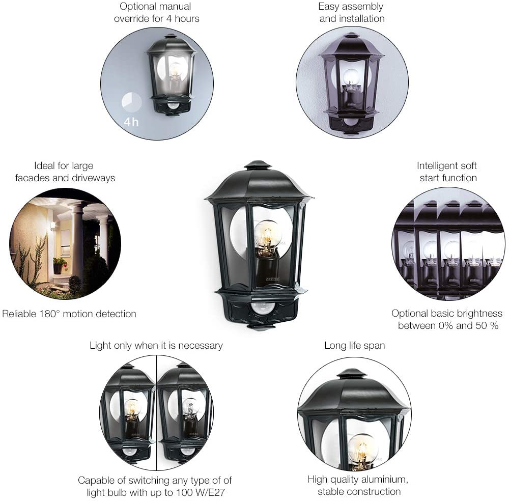 Steinel Outdoor Light L 190 S black, Max. 100 W, Wall Light, 180° Motion Sensor, 12 m Range, Soft Light Start, Aluminium - Image 4