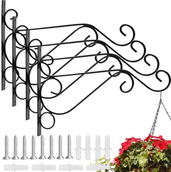 EMAGEREN 4 Pack Wall Hanging Brackets Hooks Metal Wall Hooks Heavy Duty Plant Hooks Retro Outdoor Indoor Garden Hook with Screws for Garden Basket Lantern Lawn Light Flower Pots, 25x20CM (Black)