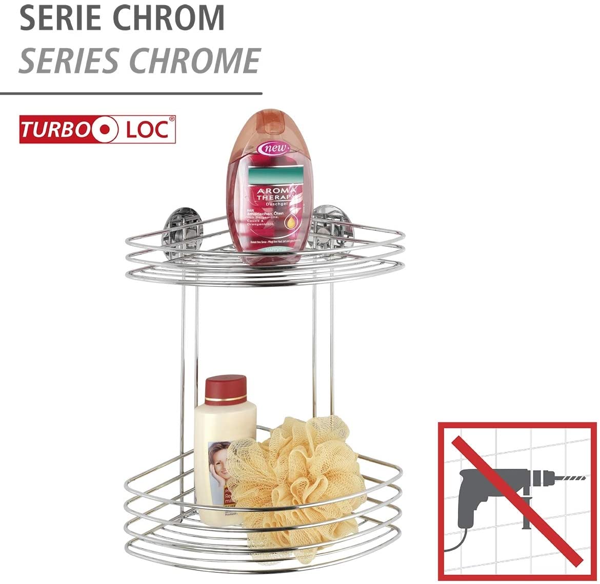 Wenko 18914100 TurboLoc Corner Rack 2 Shelves, Fixing Without Drilling, Metal Steel, 26.5 x 33 x 20 cm, Chrome - Image 2