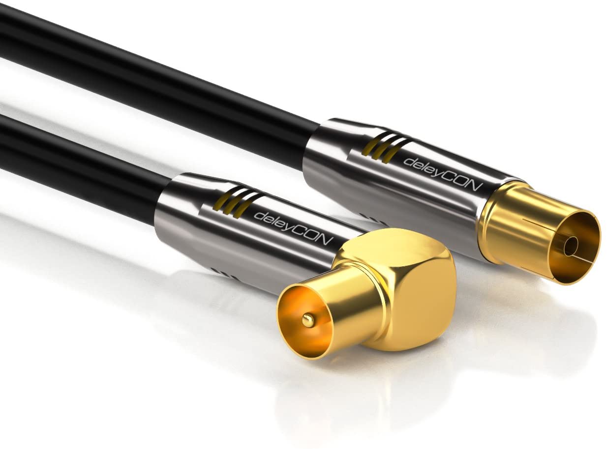deleyCON 1m (3.28 ft.) TV Antenna Cable Coaxial Cable Gold-plated connector 1x 90° angle 1x straight Metal Connector UltraHD FullHD HDTV - Image 2