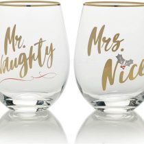 Mikasa 'Celebrations' Christmas Stemless Wine Glasses with Festive Mr Naughty andMrs Nice Prints, 468 ml - Clear/Gold (Set of 2)