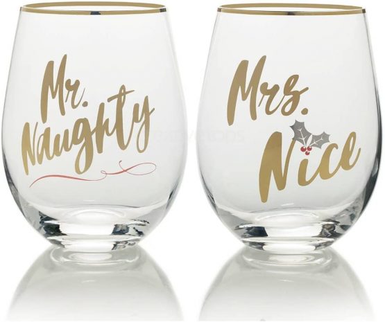 Mikasa 'Celebrations' Christmas Stemless Wine Glasses with Festive Mr Naughty andMrs Nice Prints, 468 ml - Clear/Gold (Set of 2)