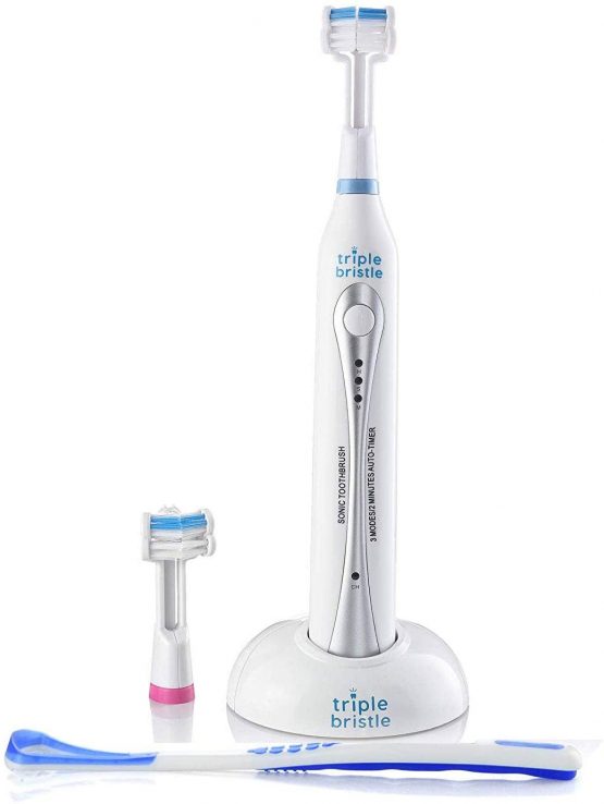 Triple Bristle Best Sonic Rechargeable Electric Toothbrush (3 Brush Head Design) Perfect Angle Bristles Clean Each Tooth 31,000 VPM