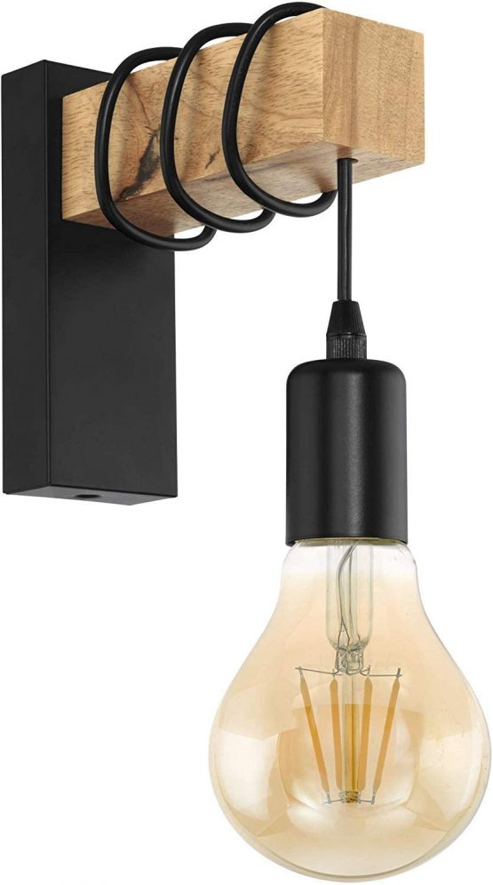 EGLO TOWNSHEND wall light, 1-flame vintage wall light with an industrial design, retro light made of steel and wood, Colour: Black, brown, Socket: E27