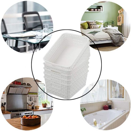Hokky 6-Pack White Plastic Weave Basket, Woven Rattan Storage Basket, Desktop Storage Box - Image 4