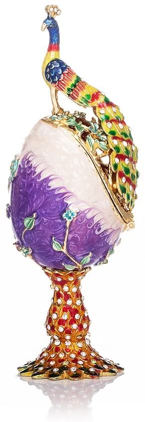 QIFU Hand Painted Enameled Faberge Peacock Egg Style Decorative Hinged Jewelry Trinket Box, Unique Gift for Home Decor