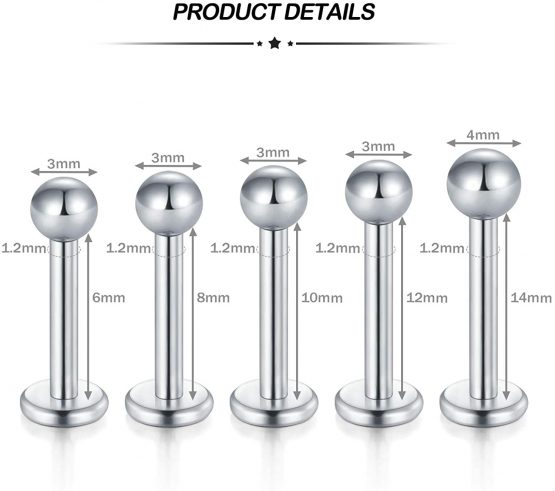5 Pairs (10PCS) 16G Stainless Steel Labret Monroe Lip Ring Tragus Helix Earring Stud Piercing Jewelry 6mm 8mm 10mm 12mm 14mm - Image 2