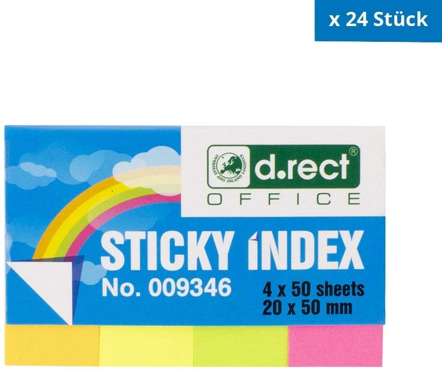 D.RECT Adhesive Strips Page Marker Index Adhesive Marker Film Text Strips 20 x 50 mm 4 x 50 Pack of 50 Cardboard Dispenser Pack of 24