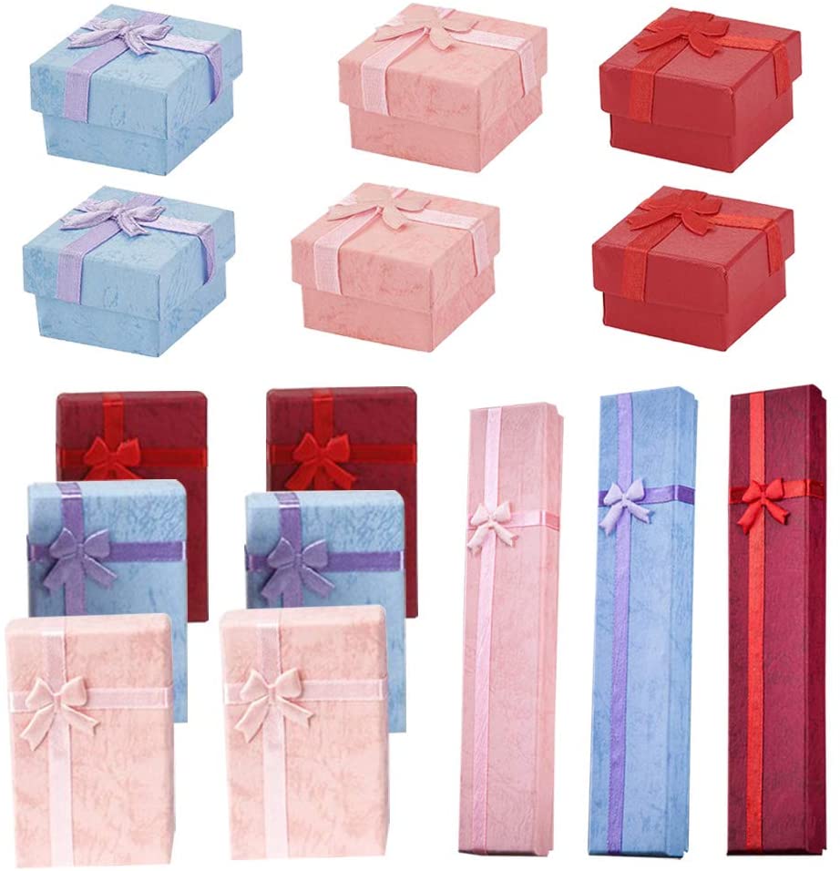 15pcs Gift Box with Lid Square Long Rectangular Paper Jewelry Gifts Boxes with Bow-knot for Jewelry Display-rings
