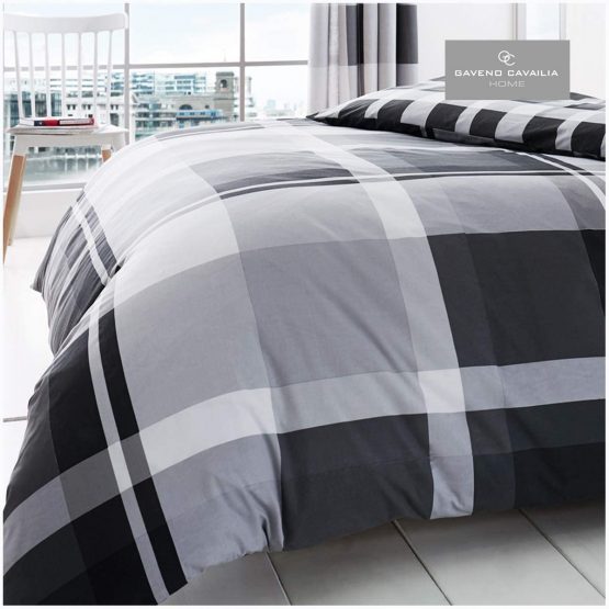 Gaveno Cavailia Waverly Check Luxurious Bed Set with Duvet Cover and Pillow Cases, Polyester-Cotton, King - Grey - Image 4