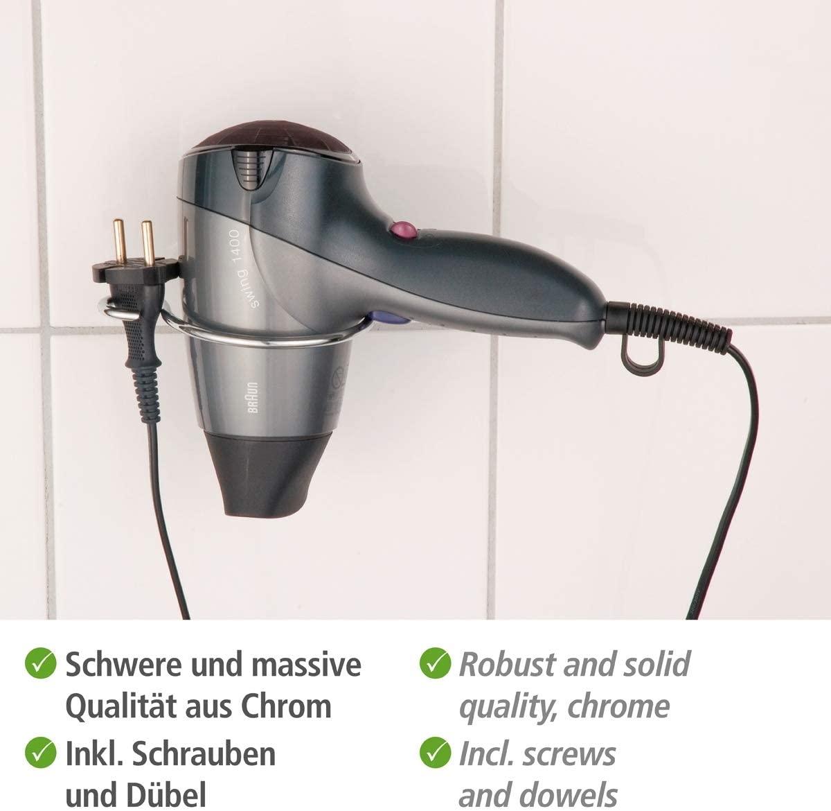 Wenko 18280100 Hair dryer holder Milano with cable holder, for wall mounting Metal Steel, 12 x 4.5 x 11 cm, Chrome - Image 3