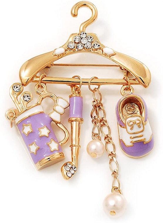Avalaya Stylish Lavender/White Enamel, Clear Crystal Golfer Set Brooch in Gold Tone - 75mm Tall
