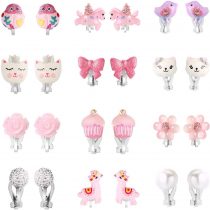 Powerking Clip On Earrings for Girls, Girls Jewelry Dress Up Earrings and Princess Play Earrings Set for Kids, 12 Pairs, Unicorn Bling