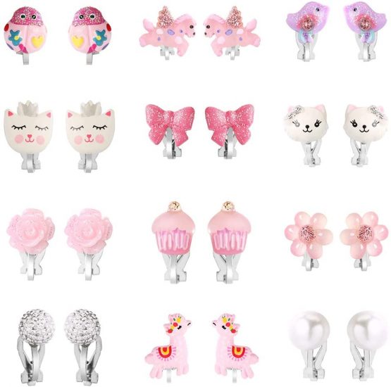 Powerking Clip On Earrings for Girls, Girls Jewelry Dress Up Earrings and Princess Play Earrings Set for Kids, 12 Pairs, Unicorn Bling