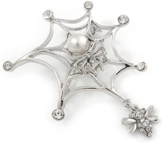 Avalaya Rhodium Plated Clear Crystal Pearl Spider, Web and Fly Brooch - 60mm L