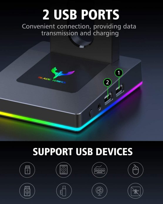 Blade Hawks RGB Gaming Headphone Stand with 3.5mm AUX and 2 USB Ports for PC, Durable Headset Stand Holder for Bose, Beats, Sony, Sennheiser, Jabra, JBL, AKG, Fancy Gaming Accessories - HS18 - Image 3