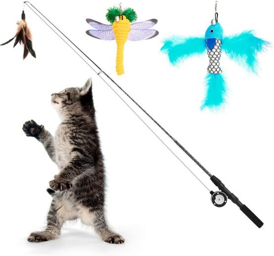 Pawaboo Cat Feather Teaser Wand Toy, 4 Pack Interactive Telescopic Rod Fishing Pole Wand Catcher Exerciser with Assorted Refills Fish/Dragonfly Worm/Feather, Fun Cat Kitten Kitty Play Toy with Bells