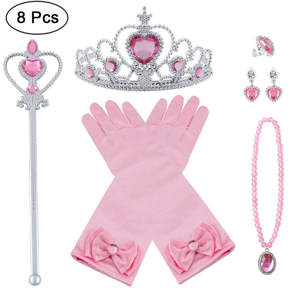 Vicloon Elsa Dress Up Accessories Set, 7 Pcs Princess Dress-up Party Accessories for Girls with Elsa Gloves Princess Tiara