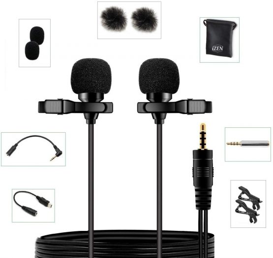 Dual Lavalier Microphone Dual Head 2 Microphones great for Voice Recording, Smartphones, Cameras etc