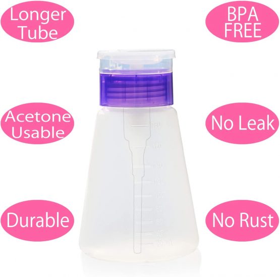 Acetone Pump Dispenser Push Down Pump Dispenser Lockable Alcohol Dispenser Bottle 2 Packs 180ml One-Touch Pump Dispenser Empty Bottle For Alcohol,Acetone,Nail Polish & Makeup Remover, Toner ect. - Image 3