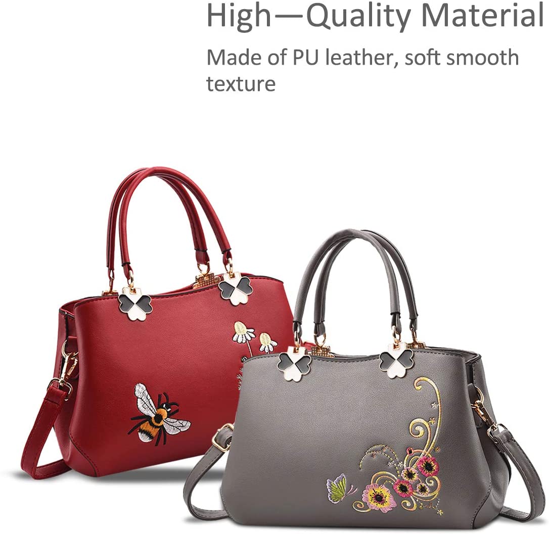 NICOLE&DORIS Women Top Handle Handbags Retro Crossbody Bag Ladies Fashion Shoulder Bag Purse Tote Embroidery Grey flower - Image 3
